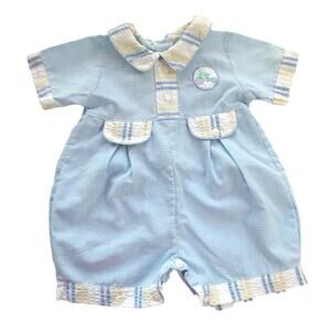 Vintage 80s Baby Boy 3mo Bubble Bodysuit Seersucker Blue Gingham One Piece